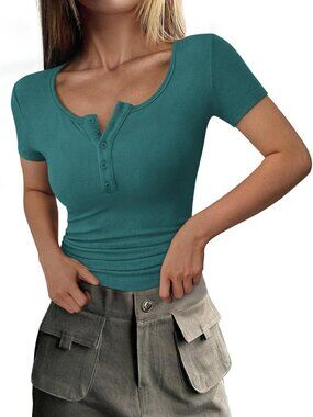 Women's Lake Blue Short Sleeve Ribbed Henley Button Slim Fit Casual T Shirts